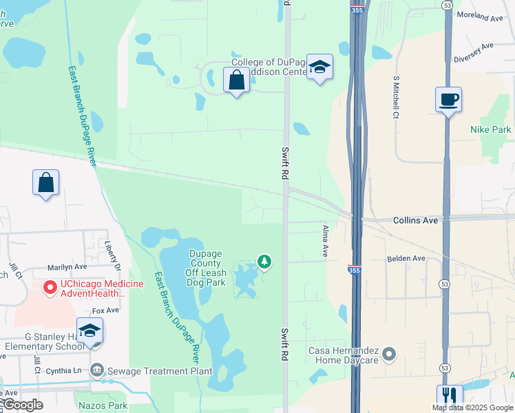 map of restaurants, bars, coffee shops, grocery stores, and more near 2183 West Concord Lane in Addison