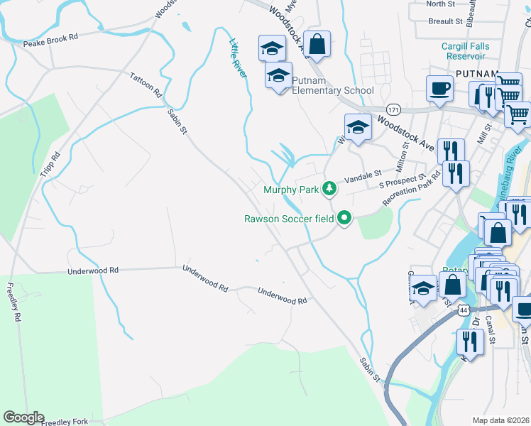 map of restaurants, bars, coffee shops, grocery stores, and more near 264 Sabin Street in Putnam
