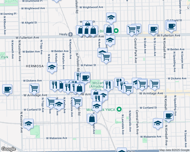 map of restaurants, bars, coffee shops, grocery stores, and more near 3906 West Dickens Avenue in Chicago