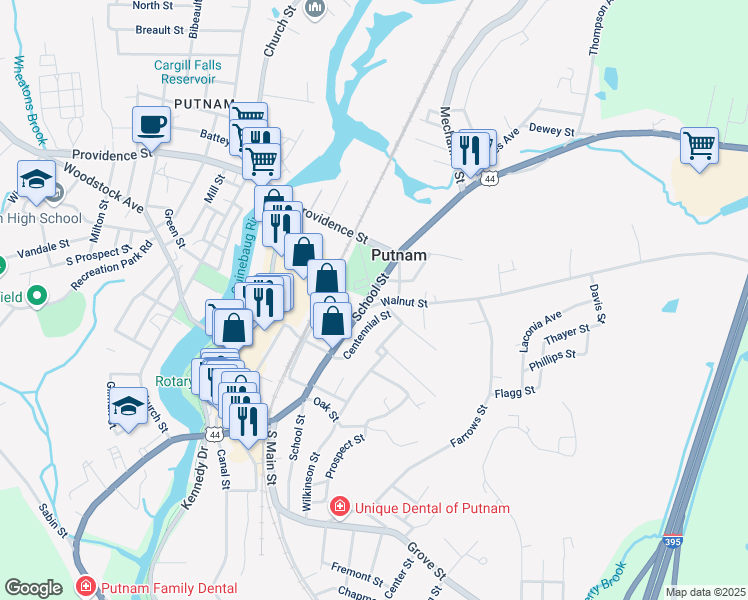 map of restaurants, bars, coffee shops, grocery stores, and more near 15 Frank Street in Putnam