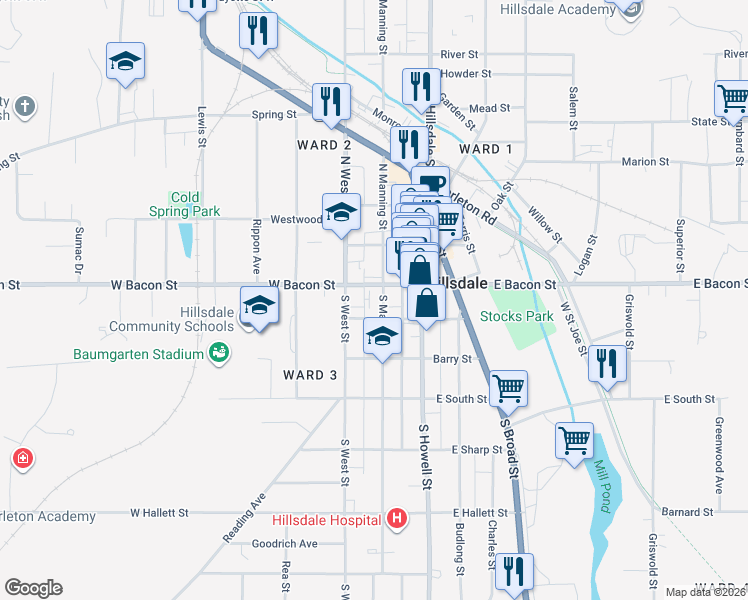 map of restaurants, bars, coffee shops, grocery stores, and more near 13 Waldron Street in Hillsdale