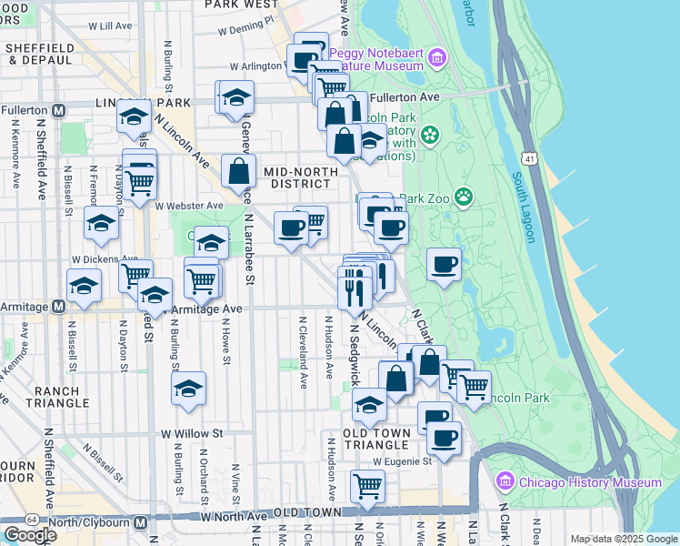 map of restaurants, bars, coffee shops, grocery stores, and more near 2008 North Sedgwick Street in Chicago
