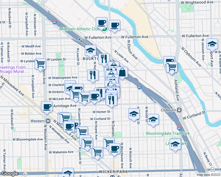 map of restaurants, bars, coffee shops, grocery stores, and more near 2042 North Damen Avenue in Chicago