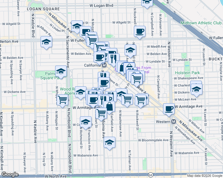 map of restaurants, bars, coffee shops, grocery stores, and more near 2123 North Point Street in Chicago