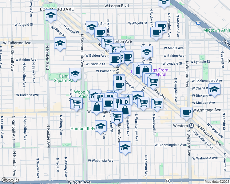 map of restaurants, bars, coffee shops, grocery stores, and more near 2052 North California Avenue in Chicago
