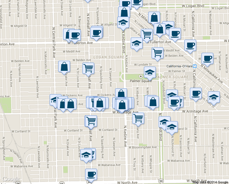 map of restaurants, bars, coffee shops, grocery stores, and more near 3221 West Dickens Avenue in Chicago