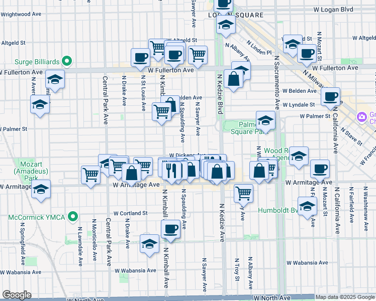 map of restaurants, bars, coffee shops, grocery stores, and more near in Chicago