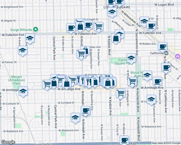 map of restaurants, bars, coffee shops, grocery stores, and more near 3315 West Dickens Avenue in Chicago