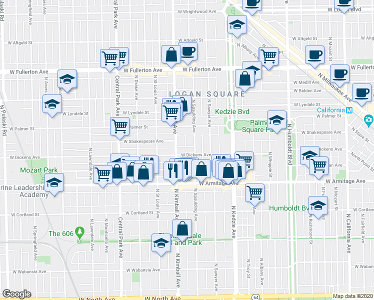 map of restaurants, bars, coffee shops, grocery stores, and more near 3315 West Dickens Avenue in Chicago