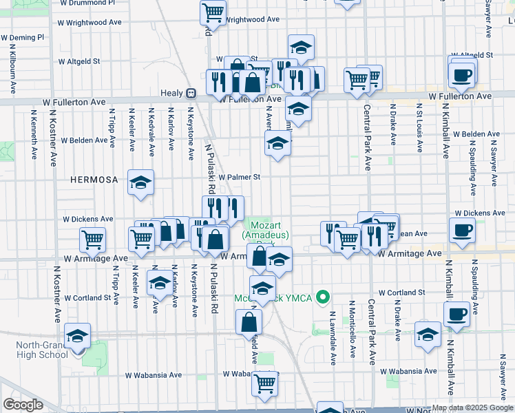 map of restaurants, bars, coffee shops, grocery stores, and more near 3906 West Dickens Avenue in Chicago