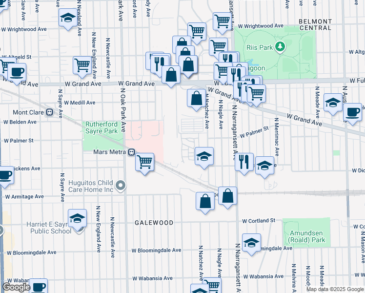 map of restaurants, bars, coffee shops, grocery stores, and more near 2128 North Nashville Avenue in Chicago