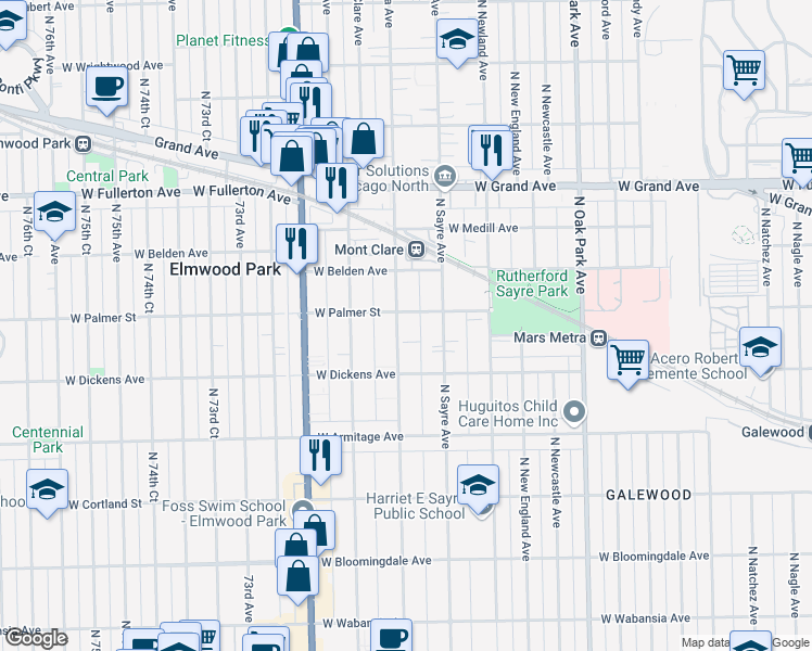 map of restaurants, bars, coffee shops, grocery stores, and more near 2130 North Nordica Avenue in Chicago