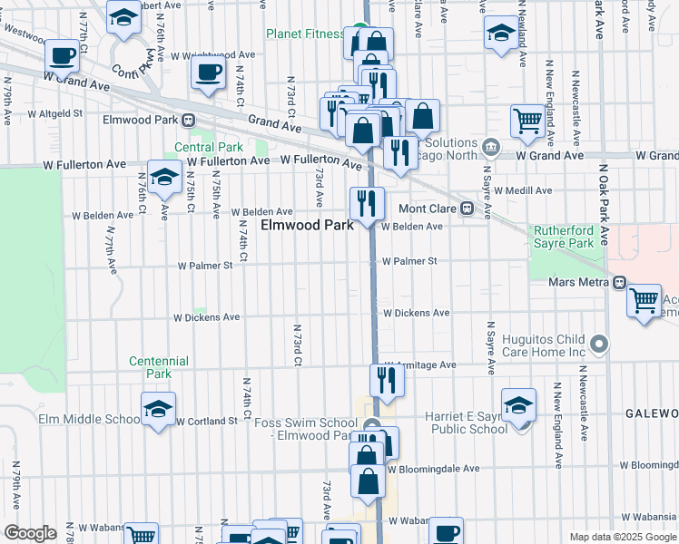 map of restaurants, bars, coffee shops, grocery stores, and more near 2123 North 72nd Court in Elmwood Park