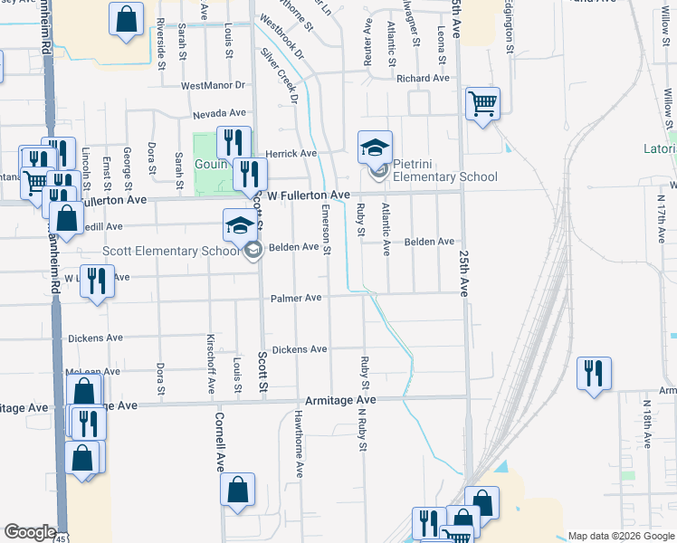 map of restaurants, bars, coffee shops, grocery stores, and more near 2208 Emerson Street in Melrose Park