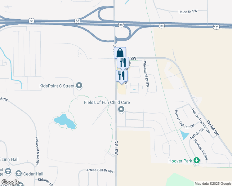map of restaurants, bars, coffee shops, grocery stores, and more near 6001 C Street Road Southwest in Cedar Rapids