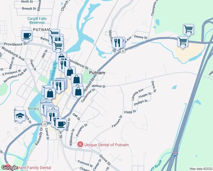 map of restaurants, bars, coffee shops, grocery stores, and more near 30 Chassey Street in Putnam