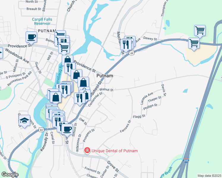 map of restaurants, bars, coffee shops, grocery stores, and more near 30 Chassey Street in Putnam