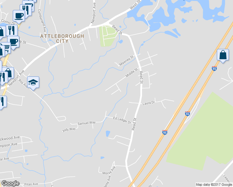 map of restaurants, bars, coffee shops, grocery stores, and more near 10 Woodside Avenue in Attleboro