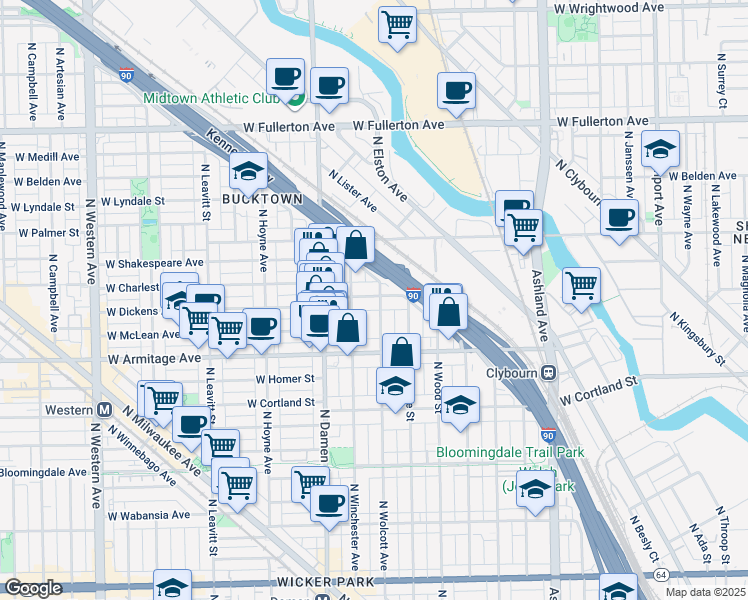 map of restaurants, bars, coffee shops, grocery stores, and more near 1903 West Dickens Avenue in Chicago