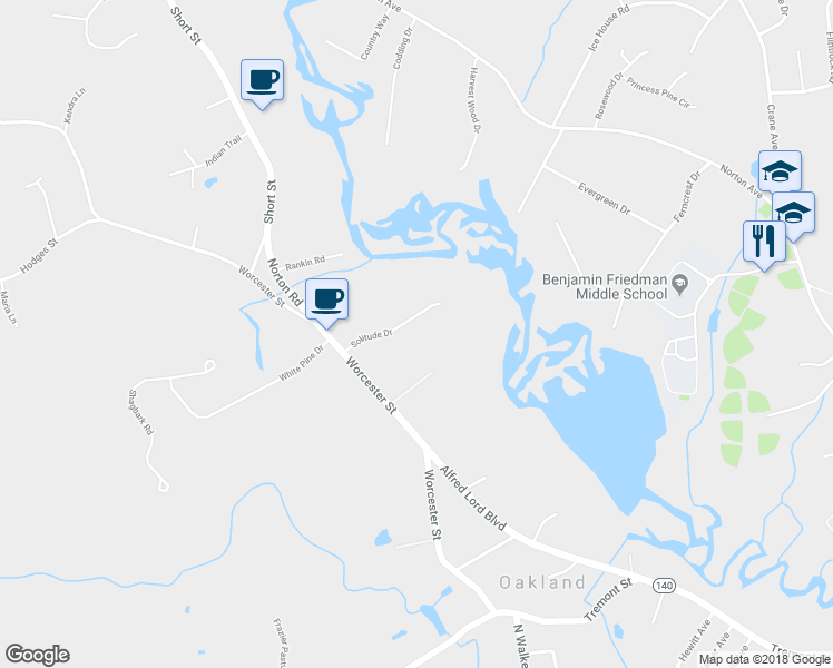 map of restaurants, bars, coffee shops, grocery stores, and more near 75 Solitude Drive in Taunton