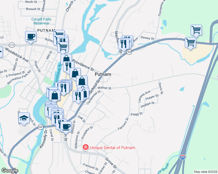 map of restaurants, bars, coffee shops, grocery stores, and more near 42 Walnut Street in Putnam
