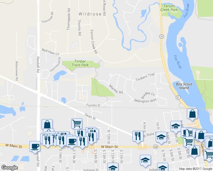 map of restaurants, bars, coffee shops, grocery stores, and more near 901 Manley Road in St. Charles