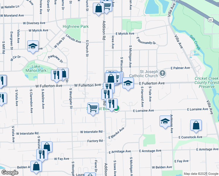 map of restaurants, bars, coffee shops, grocery stores, and more near 427 Addison Road in Addison