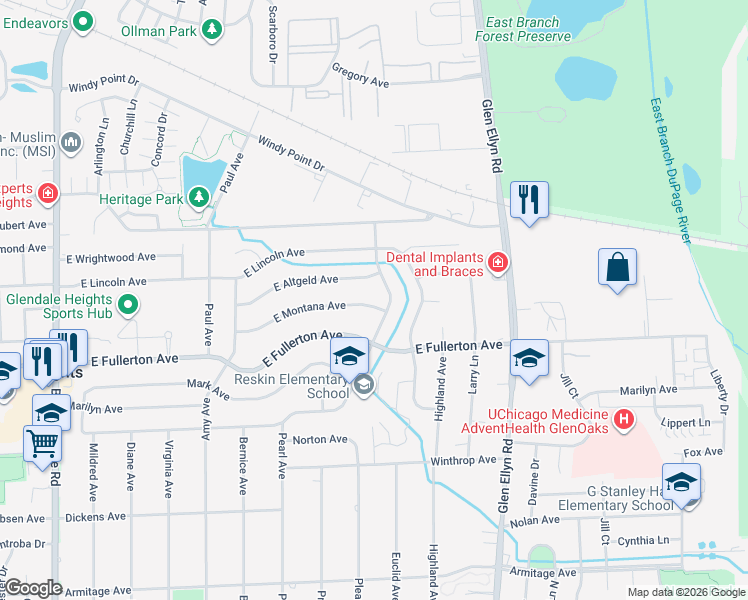 map of restaurants, bars, coffee shops, grocery stores, and more near 481 East Montana Avenue in Glendale Heights
