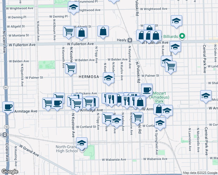 map of restaurants, bars, coffee shops, grocery stores, and more near 2121 North Keeler Avenue in Chicago