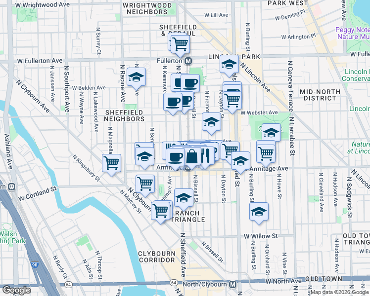 map of restaurants, bars, coffee shops, grocery stores, and more near 2049 North Sheffield Avenue in Chicago