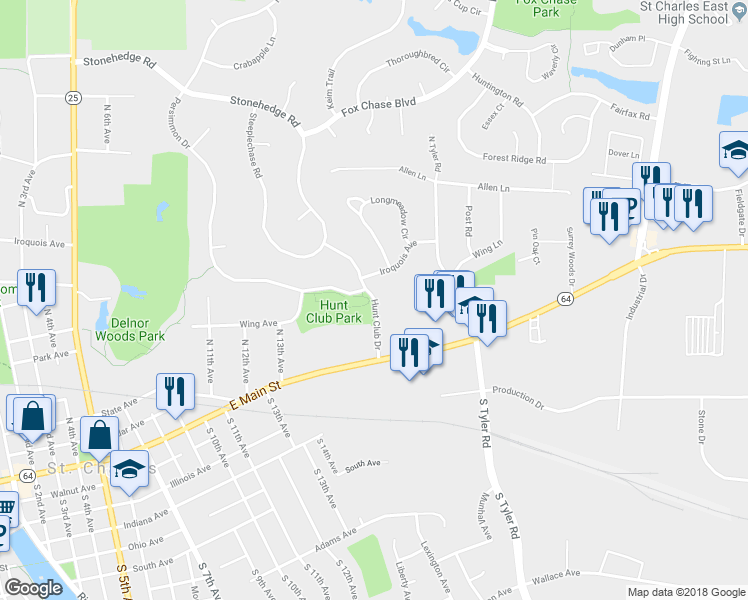 map of restaurants, bars, coffee shops, grocery stores, and more near 163 Hunt Club Drive in Saint Charles