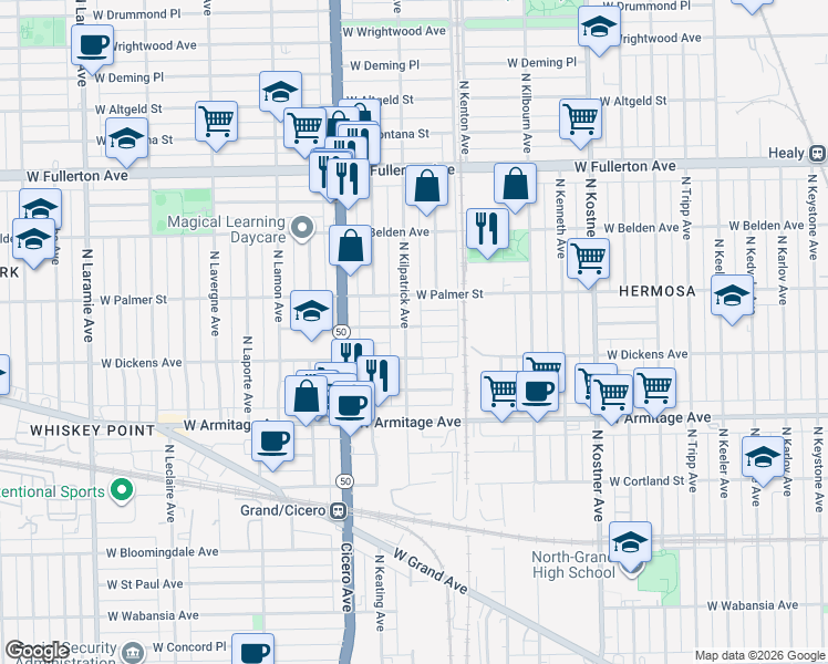 map of restaurants, bars, coffee shops, grocery stores, and more near 2102 North Kilpatrick Avenue in Chicago