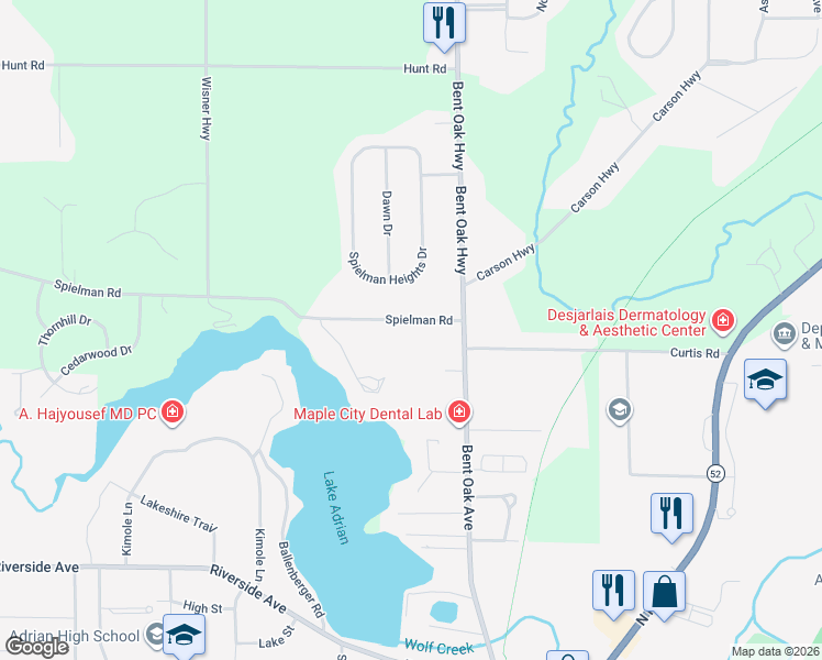 map of restaurants, bars, coffee shops, grocery stores, and more near 2651 Spielman Road in Adrian