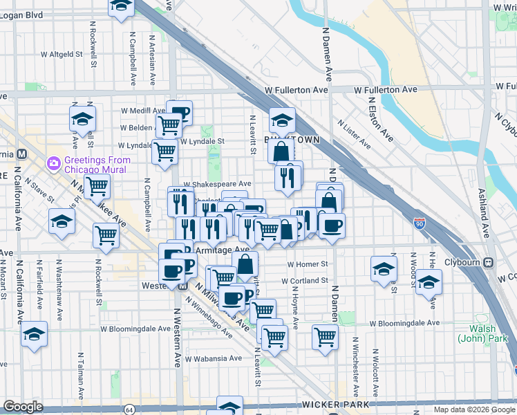 map of restaurants, bars, coffee shops, grocery stores, and more near 2049 North Leavitt Street in Chicago