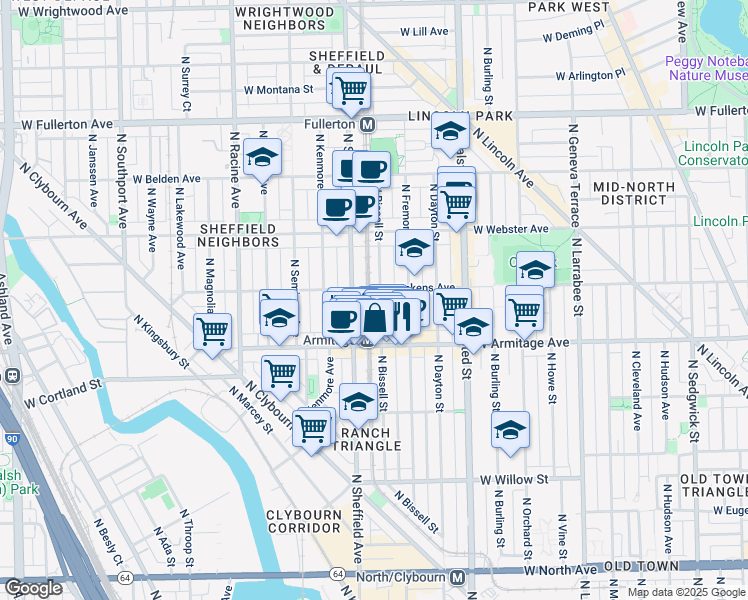 map of restaurants, bars, coffee shops, grocery stores, and more near 2028 North Bissell Street in Chicago