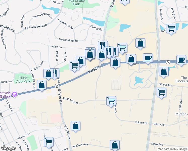 map of restaurants, bars, coffee shops, grocery stores, and more near 105 Industrial Drive in St. Charles