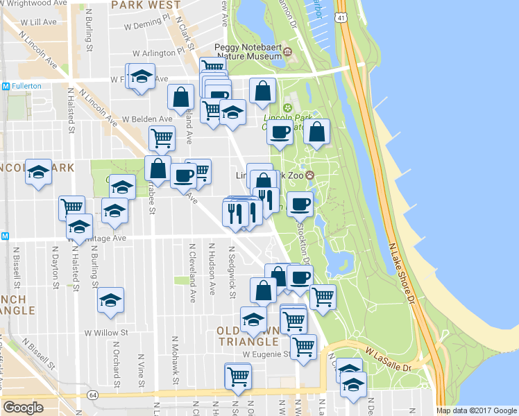map of restaurants, bars, coffee shops, grocery stores, and more near 2026 North Clark Street in Chicago