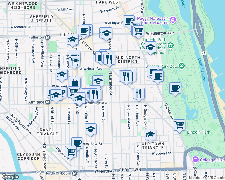 map of restaurants, bars, coffee shops, grocery stores, and more near 2037 North Larrabee Street in Chicago