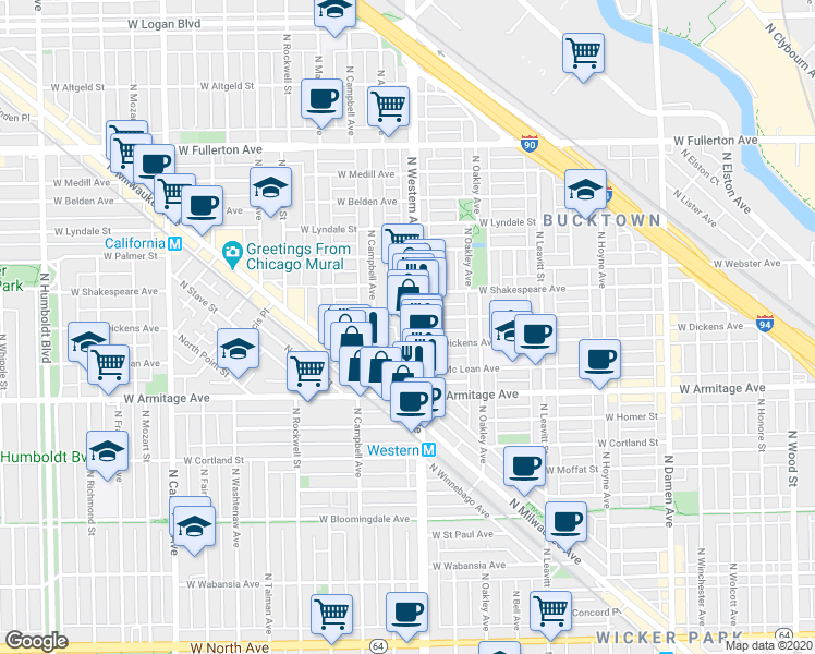 map of restaurants, bars, coffee shops, grocery stores, and more near in Chicago