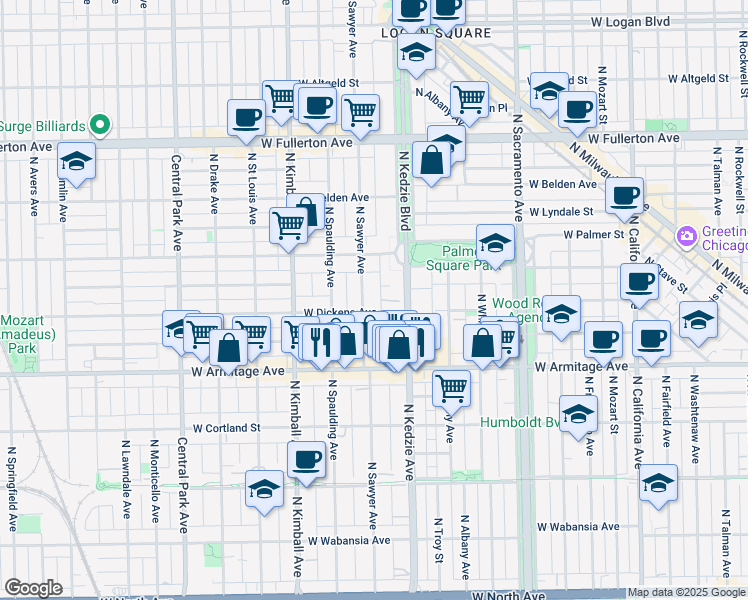 map of restaurants, bars, coffee shops, grocery stores, and more near 3221 West Dickens Avenue in Chicago