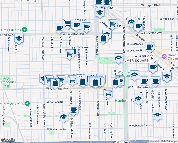 map of restaurants, bars, coffee shops, grocery stores, and more near 3221 West Dickens Avenue in Chicago