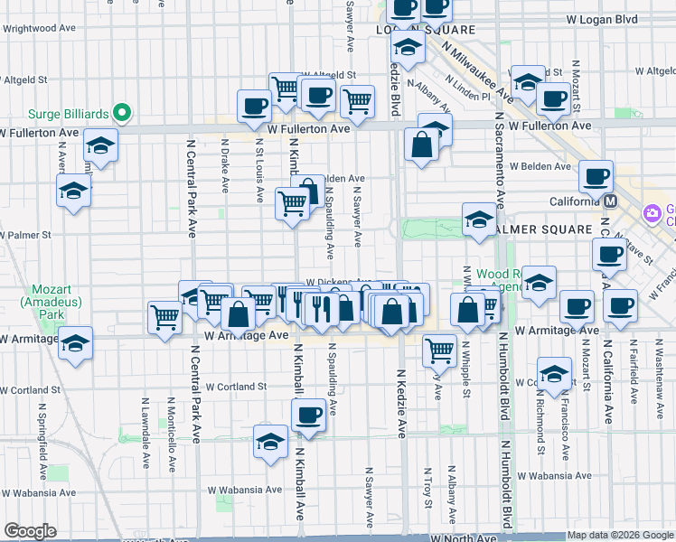 map of restaurants, bars, coffee shops, grocery stores, and more near 2056 North Sawyer Avenue in Chicago