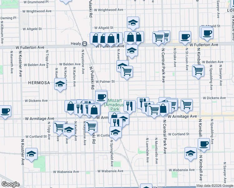 map of restaurants, bars, coffee shops, grocery stores, and more near 2059 North Avers Avenue in Chicago