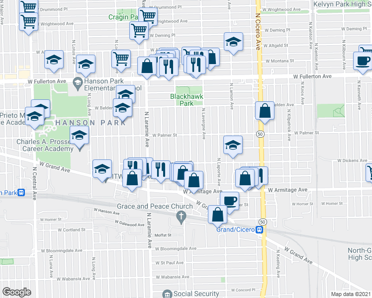 map of restaurants, bars, coffee shops, grocery stores, and more near 2109 North Leclaire Avenue in Chicago