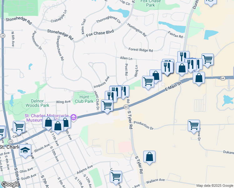 map of restaurants, bars, coffee shops, grocery stores, and more near 1550 East Main Street in St. Charles