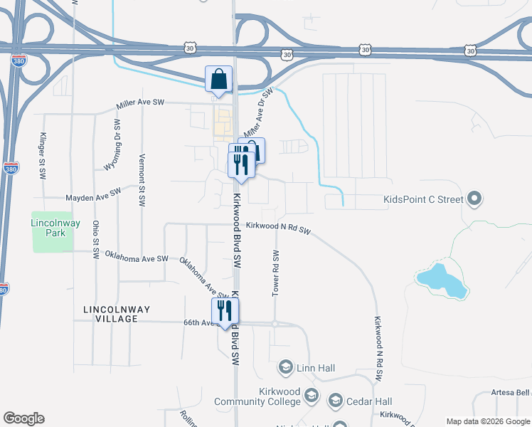 map of restaurants, bars, coffee shops, grocery stores, and more near Kirkwood North Road Southwest in Cedar Rapids
