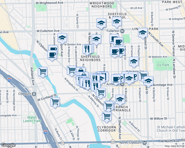 map of restaurants, bars, coffee shops, grocery stores, and more near 2034 North Racine Avenue in Chicago