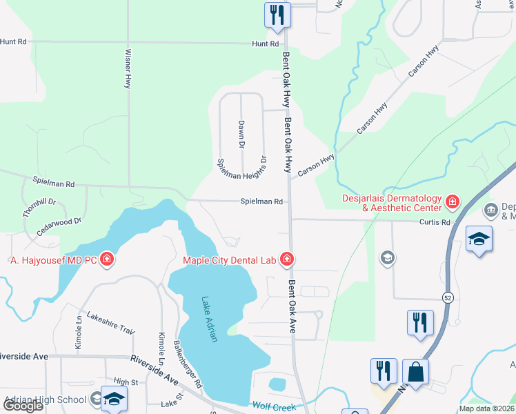 map of restaurants, bars, coffee shops, grocery stores, and more near 2651 Spielman Road in Adrian