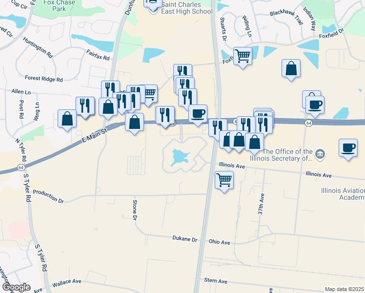 map of restaurants, bars, coffee shops, grocery stores, and more near 100 Lakeside Drive in Saint Charles