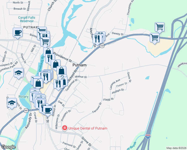 map of restaurants, bars, coffee shops, grocery stores, and more near 70 Walnut Street in Putnam